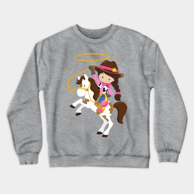 Cowgirl, Sheriff, Horse, Lasso, Brown Hair Crewneck Sweatshirt by Jelena Dunčević